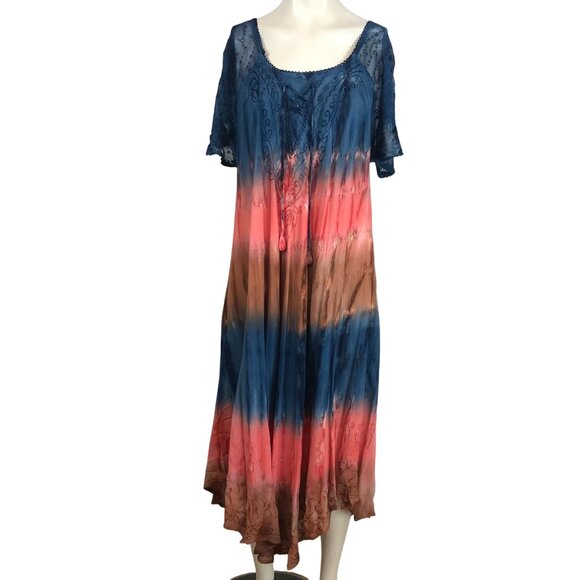 SAKKAS - WOMEN'S FREE SIZE -  CORAL SULA TIE DYE EMBROIDERED BOHO CAFTAN DRESS - Picture 1 of 9